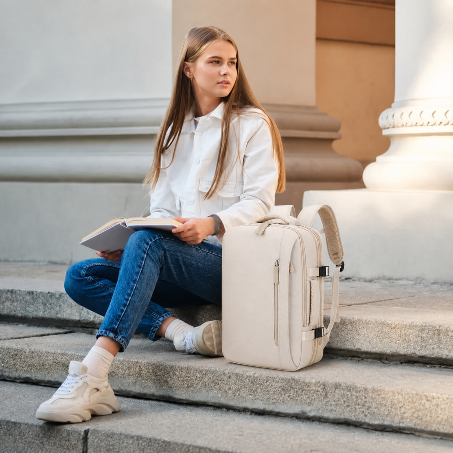 Mochila Voyager Max USB para Mujer de Viaje Expandible | Beige