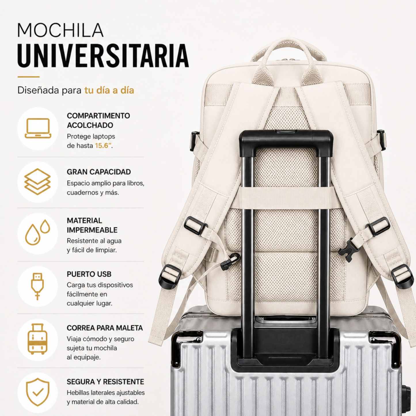 Mochila Voyager Max USB para Mujer de Viaje Expandible | Beige