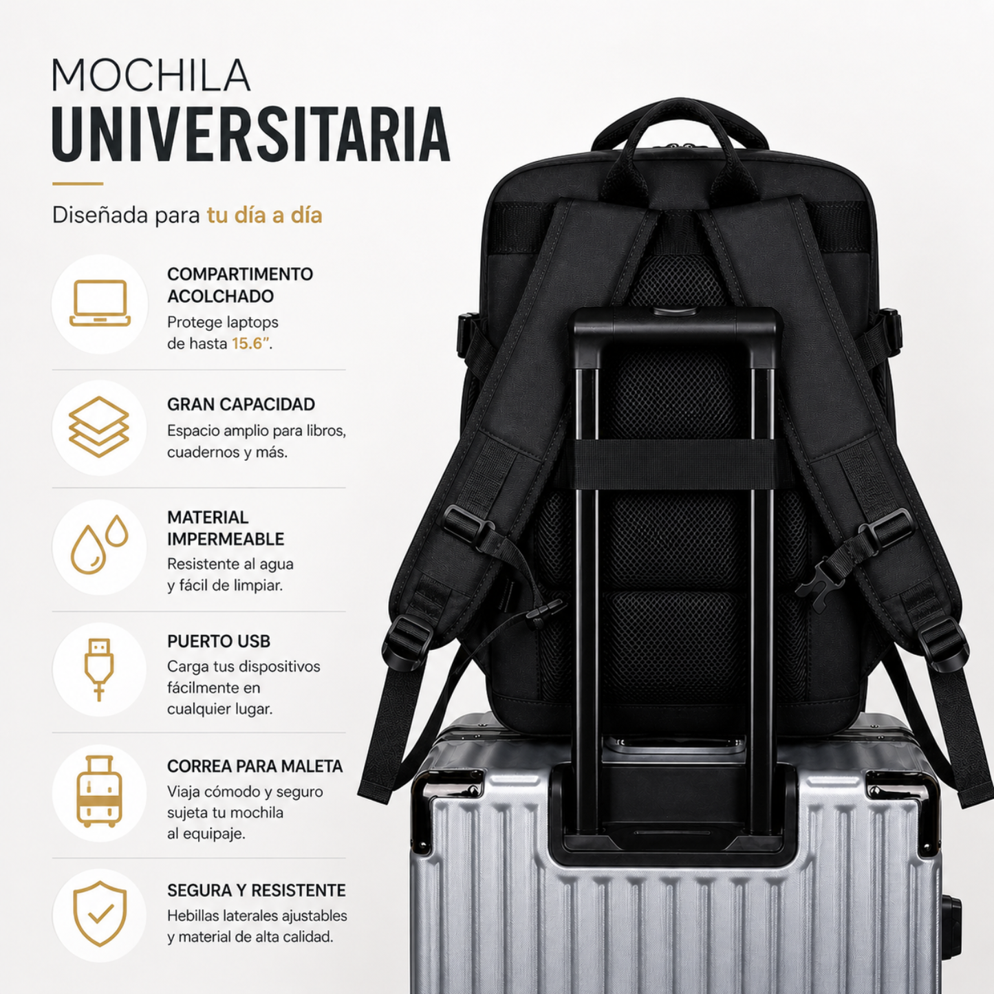 Mochila Voyager Max USB para Hombre de Viaje Expandible | Negro