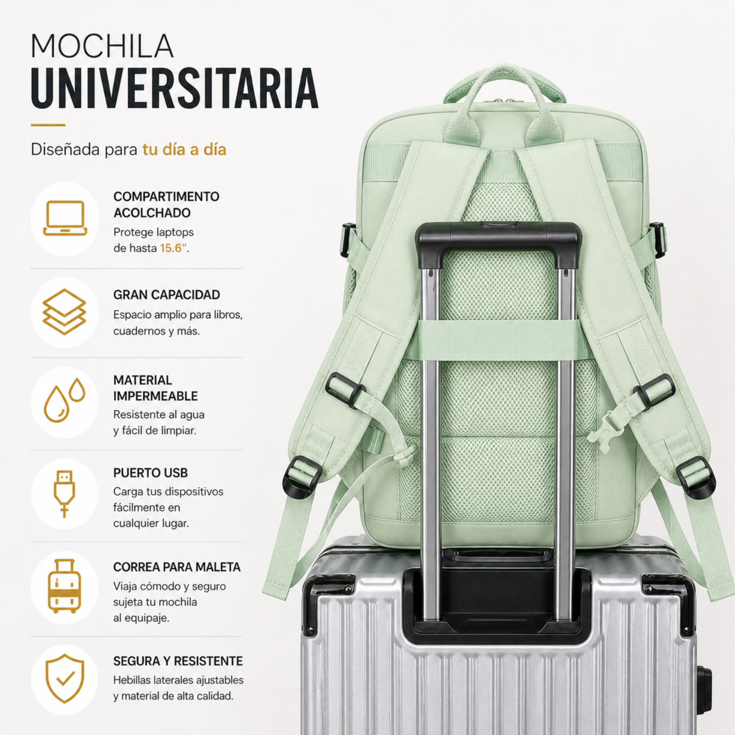Mochila Voyager Max USB para Mujer de Viaje Expandible | Verde